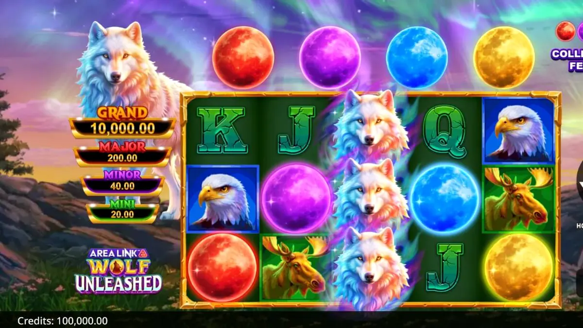 Pemandangan hutan bersalju dengan latar belakang Aurora Borealis dalam slot Area Link Wolf Unleashed