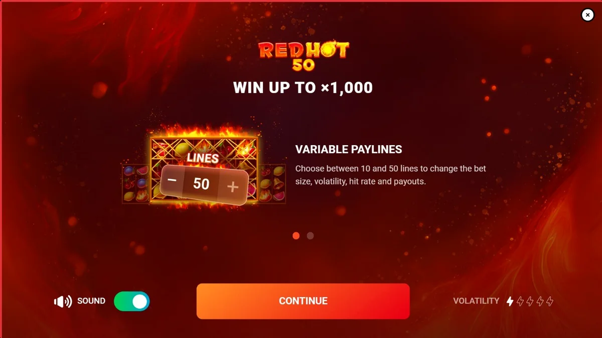 Tampilan visual slot Red Hot 50 dengan tema buah dan api